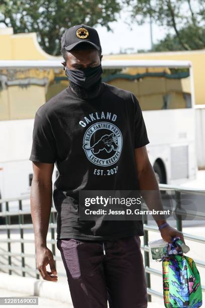 Jaylen Brown of the Boston Celtics arrives for the game against the Philadelphia 76ers for Game four of the first round of the 2020 Playoffs as part...