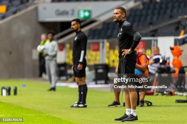 Helsingborgs head coach Olof Mellberg during an Allsvenskan match between AIK and Helsingborgs IF at Friends Arena on August 23, 2020 in Stockholm,...