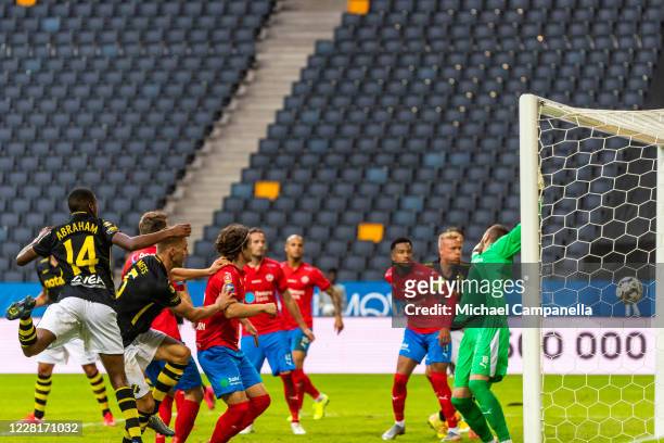 Karol Mets of AIK scores the 2-0 goal with a header during an Allsvenskan match between AIK and Helsingborgs IF at Friends Arena on August 23, 2020...