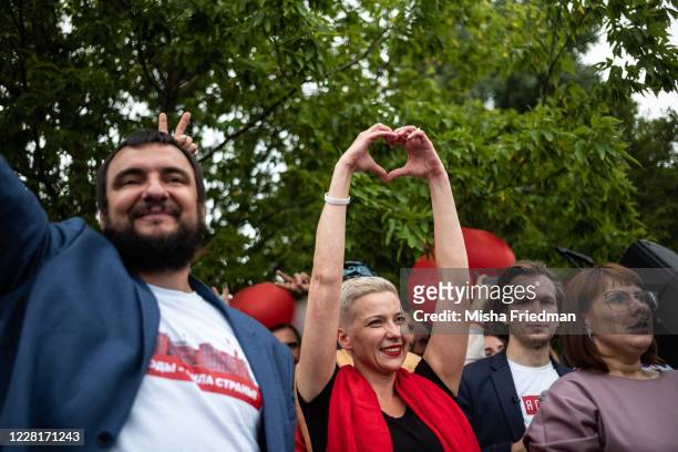 Opposition leader Maria Kolesnikova at an anti-government demonstration on August 23, 2020 in Minsk, Belarus. There have been near daily...