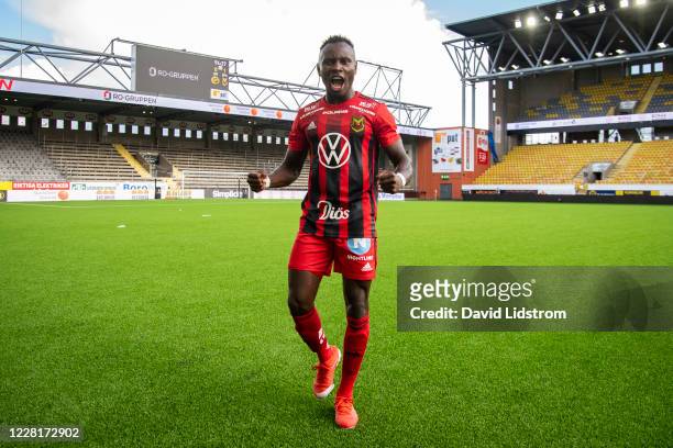 Sam Mensiro of Ostersunds FK reacts after the Allsvenskan match between IF Elfsborg and Ostersunds FK at Boras Arena on August 23, 2020 in Boras,...