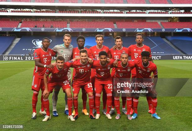 Players of Bayern Munich pose for a team photo ahead of the UEFA Champions League final football match between Paris Saint-Germain and Bayern Munich...