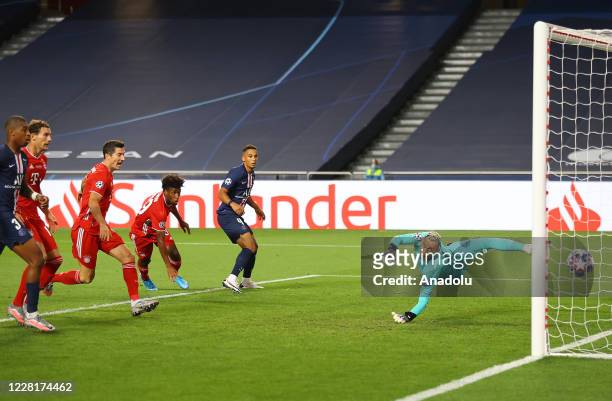 Kingsley Coman of Bayern Munich scores a goal during the UEFA Champions League final football match between Paris Saint-Germain and Bayern Munich at...