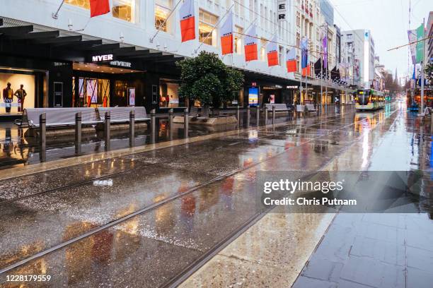 Bourke St Mall within Melbourne CBD is quiet and deserted during the Coronavirus pandemic. Melbourne is currently under Stage 4 lockdown and night...