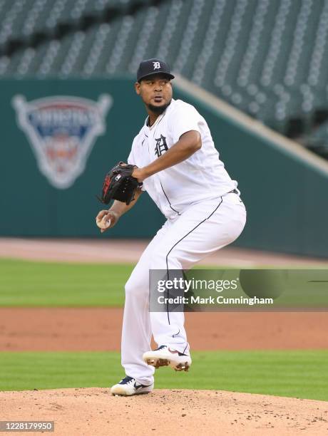 Ivan Nova of the Detroit Tigers pitches during the game against the Cleveland Indians at Comerica Park on August 14, 2020 in Detroit, Michigan. The...