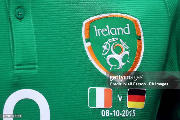 Republic of Ireland kit from the match against Germany in the qualifying for Euro 2016 which they won 1-0 during the media briefing at JACC...