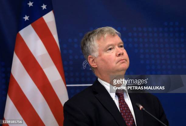 Deputy Secretary of State Stephen Biegun speaks during a joint press conference with Lithuanian Foreign Minister after a meeting in Vilnius on August...