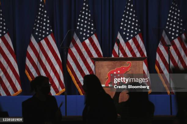 The GOP logo hangs on a podium during the Republican National Convention in Charlotte, North Carolina, U.S., on Monday, Aug. 24, 2020. Most of the...