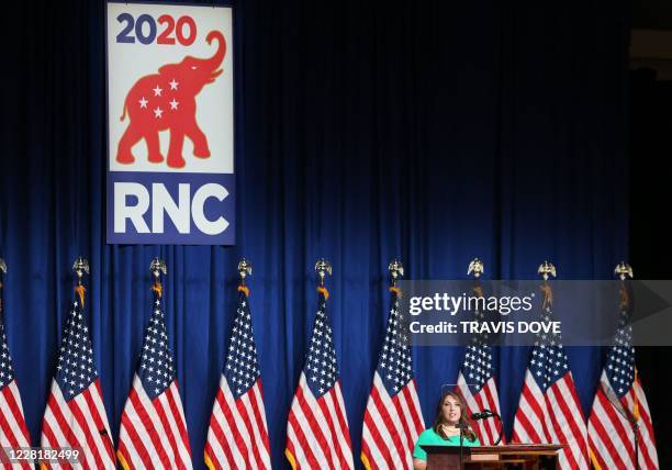 Chairwoman Ronna Romney McDaniel speaks to delegates at the opening of the first day of the Republican National Convention, meeting in the Richardson...