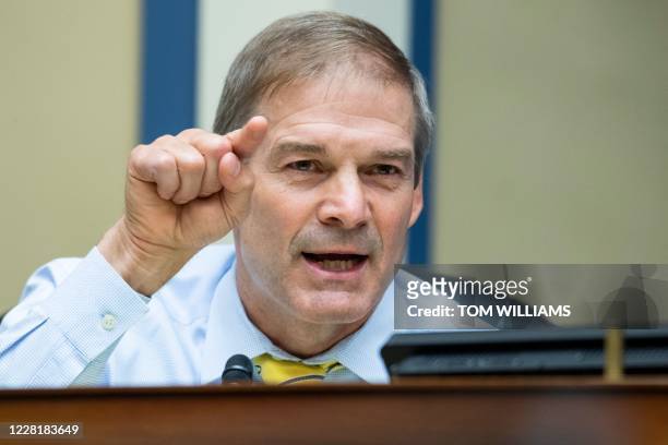 Rep. Jim Jordan, R-Ohio, questions US Postmaster General Louis DeJoy as he testifies during a House Oversight and Reform Committee hearing on...