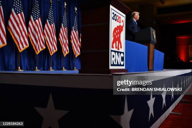 President Donald Trump speaks as delegates gather during the first day of the Republican National Convention on August 24 in Charlotte, North...