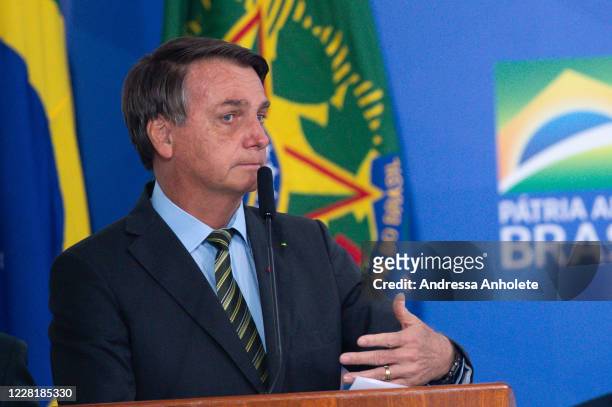 Jair Bolsonaro, President of Brazil, looks during the "Brazil Vencendo a COVID" event amidst the coronavirus pandemic at the Planalto Palace on...