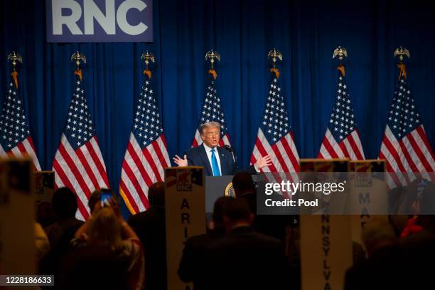 President Donald Trump speaks on the first day of the Republican National Convention at the Charlotte Convention Center on August 24, 2020 in...