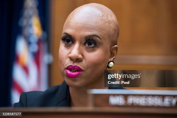 Representative Ayanna Pressley , questions U.S. Postal Service Postmaster General Louis DeJoy as he testifies during a hearing before the House...