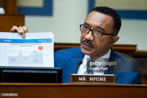 Rep. Kweisi Mfume questions Postmaster General Louis DeJoy during a hearing before the House Oversight and Reform Committee on August 24, 2020 in...