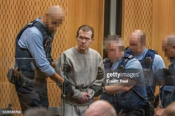 Christchurch mosque gunman Brenton Tarrant arrives during his sentencing hearing at Christchurch High Court on August 25, 2020 in Christchurch, New...