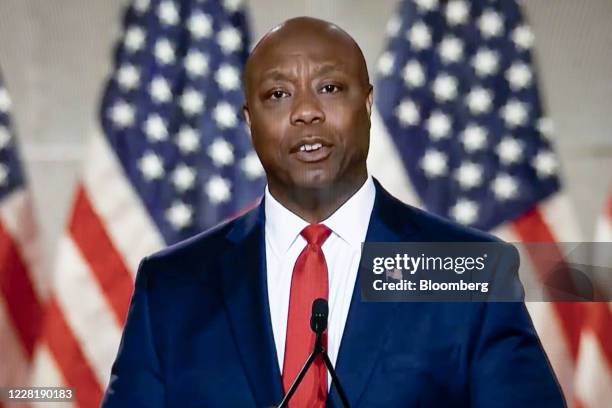 Senator Tim Scott, a Republican from South Carolina, speaks during the Republican National Convention seen on a laptop computer in Tiskilwa,...