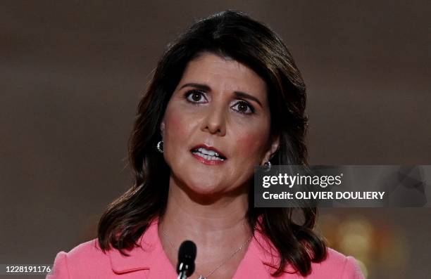 Former Ambassador to the United Nations Nikki Haley speaks during the first day of the Republican convention at the Mellon auditorium on August 24,...