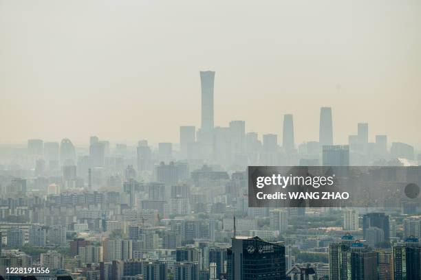 This picture shows the skyline of Beijing from the top of the Beijing Olympic Tower on August 25, 2020.