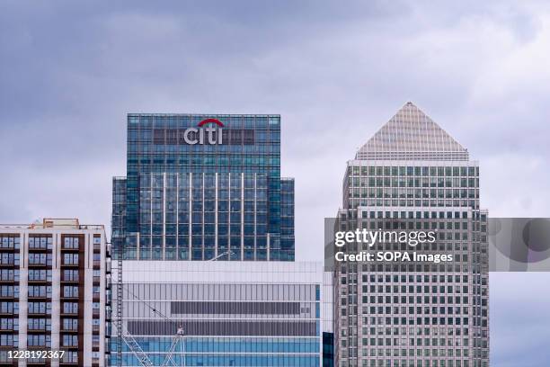 Top view of the Citigroup and the Canada Square buildings at Canary Wharf business, financial and shopping district of London.
