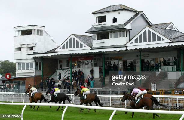 James Sullivan riding Highland Acclaim on their way to winning the Bellerby Handicap at Catterick Racecourse on August 25, 2020 in Catterick,...