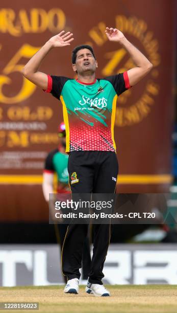 Sohail Tanvir of St Kitts & Nevis Patriots express disappointment as the ball goes to the boundary during the Hero Caribbean Premier League match 11...
