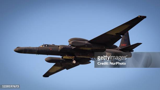 Lockheed U-2 Dragon Lady high altitude reconnaissance aircraft descends in to RAF Fairford in Gloucestershire, England on 22 August 2020.