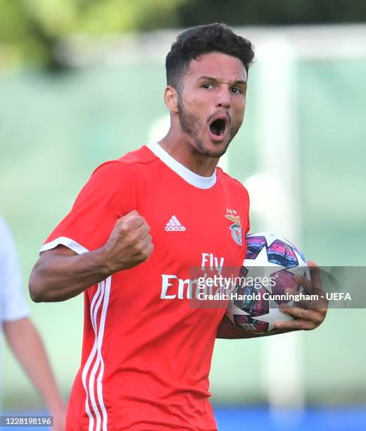 Gonçalo Ramos of SL Benfica celebrates after scoring his side's first goal during the UEFA Youth League Final 2019/20 between SL Benfica and Real...
