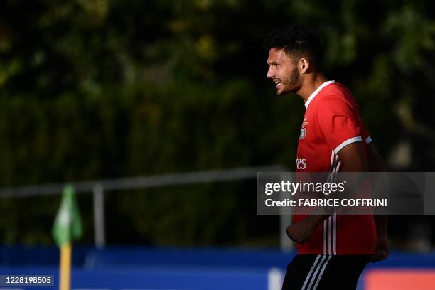 Benfica's Portuguese forward Goncalo Ramos reacts after scoring his team's first goal during the football UEFA Youth League 2019/2020 final between...