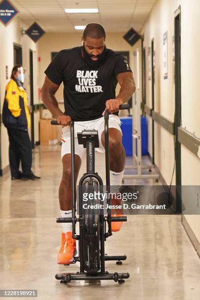Kyle O'Quinn of the Philadelphia 76ers warms up one the bike prior to a game against the Boston Celtics during Round One, Game Two of the NBA...