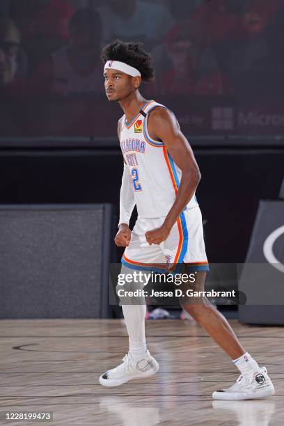 Orlando, FL Shai Gilgeous-Alexander of the Oklahoma City Thunder looks on during the game against the Houston Rockets during Round One, Game Two of...