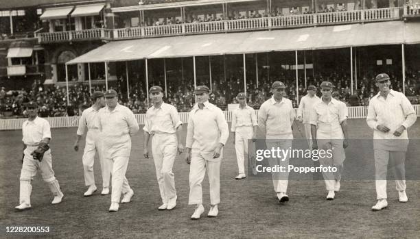 England take the field during the 5th Test Match against South Africa at the Kennington Oval in London on 16th August 1924. Left to right: Herbert...