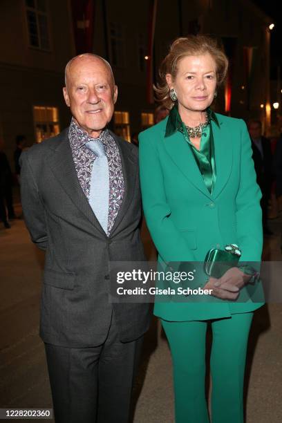 Architect Sir Norman Foster and his wife Elena Ochoa Foster arrive for the "Canto Lirico Concert" during the Salzburg Festival 2020 at Salzburg State...