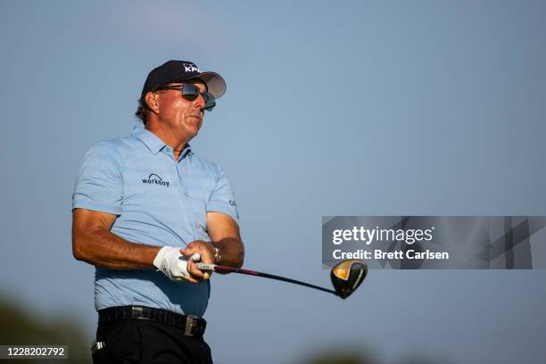 Phil Mickelson of the United States hits his tee shot on the 14th hole during the second round of the Charles Schwab Series at Ozarks National on...