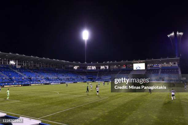 General view of the game between the Montreal Impact and the Vancouver Whitecaps during the first half at Saputo Stadium on August 25, 2020 in...