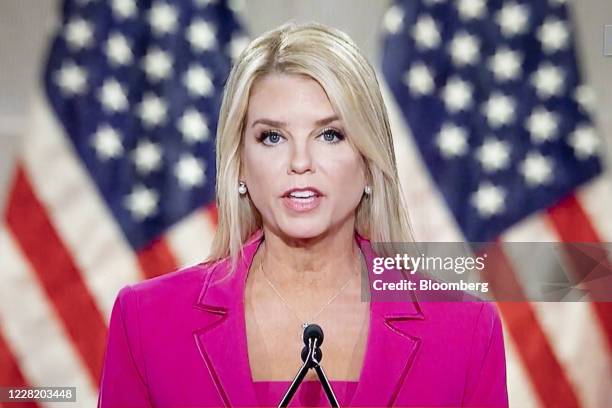 Pam Bondi, former Florida attorney general, speaks during the Republican National Convention seen on a laptop computer in Tiskilwa, Illinois, U.S.,...