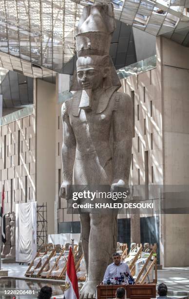 Secretary-General of the World Tourism Organization Zurab Pololikashvili addreses a press conference in front of the 3,200-year-old pink-granite...