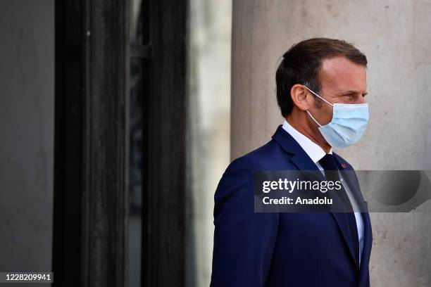 French President Emmanuel Macron receives Senegal President Macky Sall at the Elysee Palace in Paris on August 26, 2020.