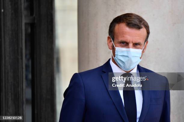 French President Emmanuel Macron receives Senegal President Macky Sall at the Elysee Palace in Paris on August 26, 2020.