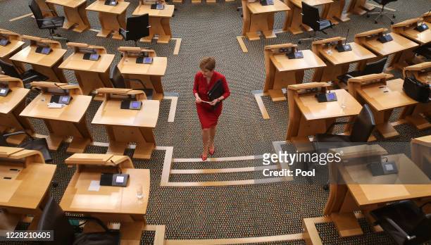 First Minister Nicola Sturgeon attends First Ministers Questions at the Scottish Parliament Holyrood on August 26, 2020 in Edinburgh, Scotland.