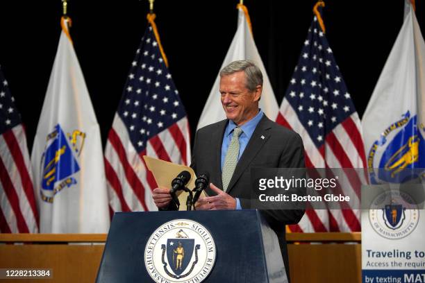 Governor Charlie Baker speaks during the state's daily coronavirus press conference in the Massachusetts State House in Boston on Aug. 20, 2020.