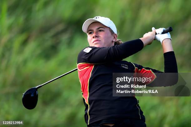 Chiara Horder of Germany tees off during Strokeplay on Day Two of The Women's Amateur Championship at The West Lancashire Golf Club on August 26,...