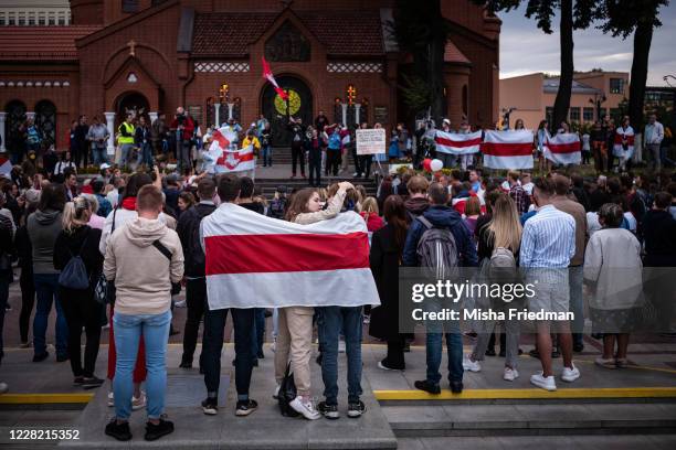 Anti-governmental protestors at a rally in Independence Square in central Minsk on August 26, 2020 in Minsk, Belarus. There have been near daily...