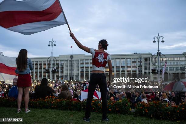 Anti-governmental protestors at a rally in Independence Square in central Minsk on August 26, 2020 in Minsk, Belarus. There have been near daily...