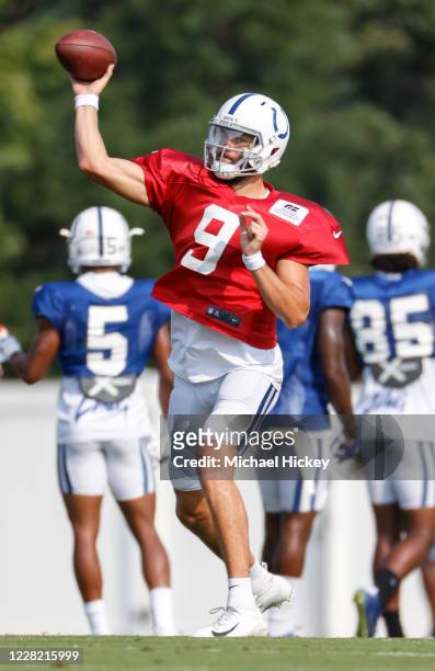 Jacob Eason of the Indianapolis Colts is seen during training camp at Indiana Farm Bureau Football Center on August 26, 2020 in Indianapolis, Indiana.