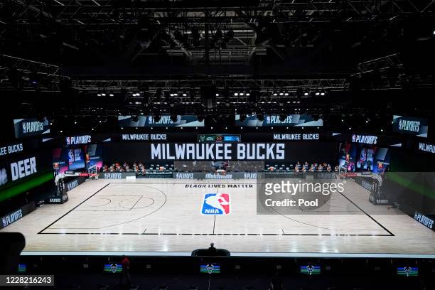 The court and benches are empty after the scheduled start of game five between the Milwaukee Bucks and the Orlando Magic in the first round of the...