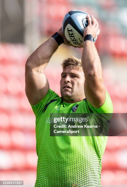 Tom Youngs of Leicester Tigers warming up before the start of play during the Gallagher Premiership Rugby match between Leicester Tigers and London...