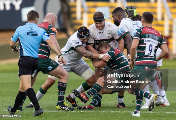 Tom Youngs of Leicester Tigers charges into Harry Elrington of London Irish during the Gallagher Premiership Rugby match between Leicester Tigers and...