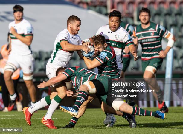 David Williams of Leicester Tigers competing with Paddy Jackson of London Irish during the Gallagher Premiership Rugby match between Leicester Tigers...