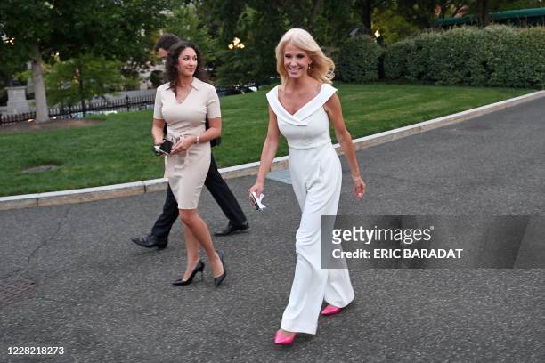 Counselor to the President Kellyanne Conway arrives to speak with the press at the White House in Washington, DC on August 26, 2020. - Conway, a...
